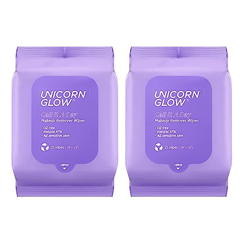 Unicorn Glow Makeup Remover Cleansing Face Wipes - 2 Ea [50 Count] Xl Oversize Biodegradable Daily Cleansing Facial Towelettes To Remove Makeup, Micellar Water, Charcoal, Aloe Extract And Vitamin E, Alcohol Free, Paraben Free - Call It A Day (2 Ea) #TOP6