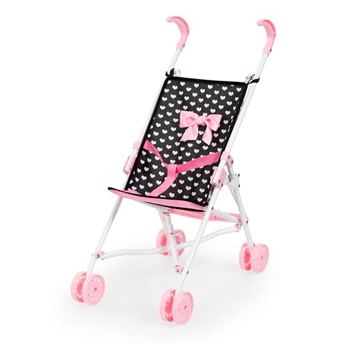 Bayer Doll Stroller Foldable Umbrella - Black & Pink Hearts, 18 inch