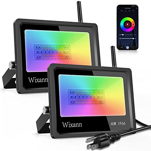 Wixann LED RGB Flood Light Outdoor 40W 4000LM, Smart WiFi Flood Light Work with Alexa, IP66 Timing&Music Sync 2700K-6500K Dimmable Color Changing Landscape Party Stage Light Strobe Uplight, 2Pack