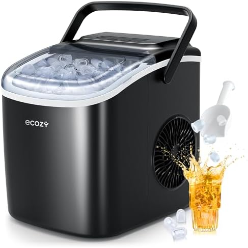 ecozy Eiswürfelmaschine Klein, 2 Eiswürfel Größen, 12 KG/24H | 9 Würfel in 6 Minuten Fertig, Selbstreinigende Ice Maker, Schaufel und Korb für Zuhause, Küche, Büro, Bar, Party, Cam