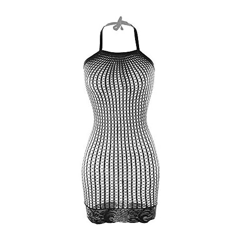 Vorifun Women Fishnet Lingerie Mesh Hole Strap Chemise Babydoll Mini Dress Black Cover