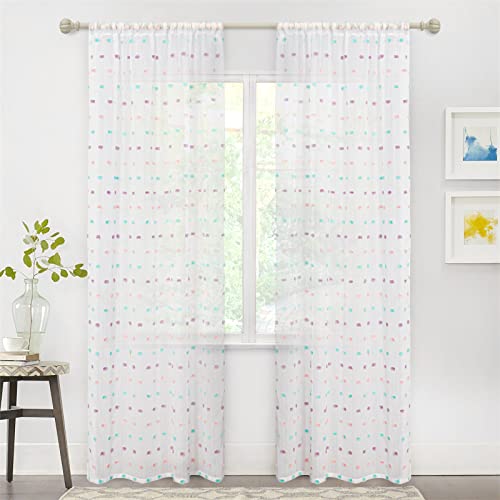 Image of MYSKY HOME Rainbow Pom Pom Sheer Curtains for Kids Room 84 Inches 2 Panels