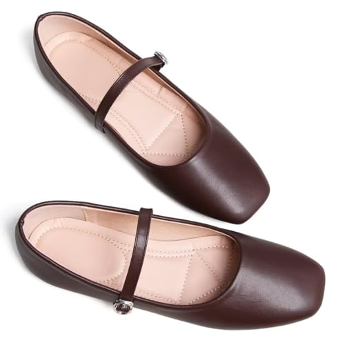 Stunner Ballet Flats for Women Women's Mary Jane Shoes Square Toe Casual Flats Comfortable Ankle Strap Flat Shoes Coffee 39(7) 24