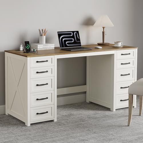 WOPITUES 60 Farmhouse Home Office Desk with 10 Wooden Drawers. Rustic Computer Writing Desk with...