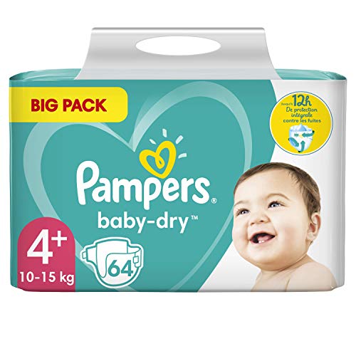 Pampers Baby-Dry - Pañales para bebé (tamaño 4+, 64 pañales, protección total hasta 12 horas, 10-15 kg, 2 paquetes de 1,677 kg)