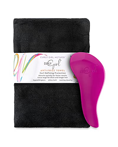 Curly Girl Microfiber Super Absorbent Anti Frizz Hair Towel, Curly Girl Hair Detangling Brush Adults, Kids Detangler Hairbrush (Black Towel / Purple Brush)