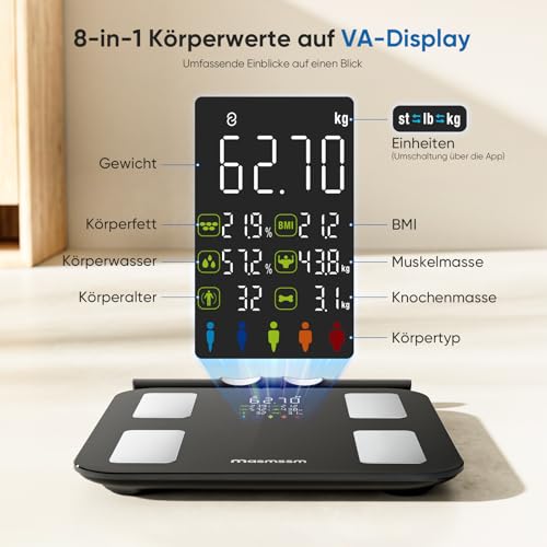 Personenwaage Körperfettwaage Smart Waage Personen Digitale 28 Messwerte 8-Elektroden Dual Frequenz BIA Körperwaage VA-DisplayKörperwaage Digital Bluetooth, Kompatibel mit iOS/Android, 180 kg/400 lbs 2