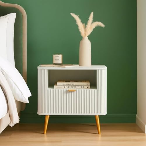 GCA1 WOODZONE Wooden Bedside Table for Bedroom | Wooden Bed Side Nightstand Lamp Table with 1 Drawers & Open Shelf Storage for Home & Hotels | HDMR Premium Wood & Iron Leg (White, Set of 2)