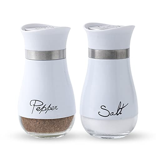 Image of Lonffery Salt and Pepper Shakers Set - Salt Containers for Gifts, Kitchen Decor, Home, RV, Camp, BBQ, 4 oz Farmhouse Spice Dispenser with Glass Bottom, White, Set of 2