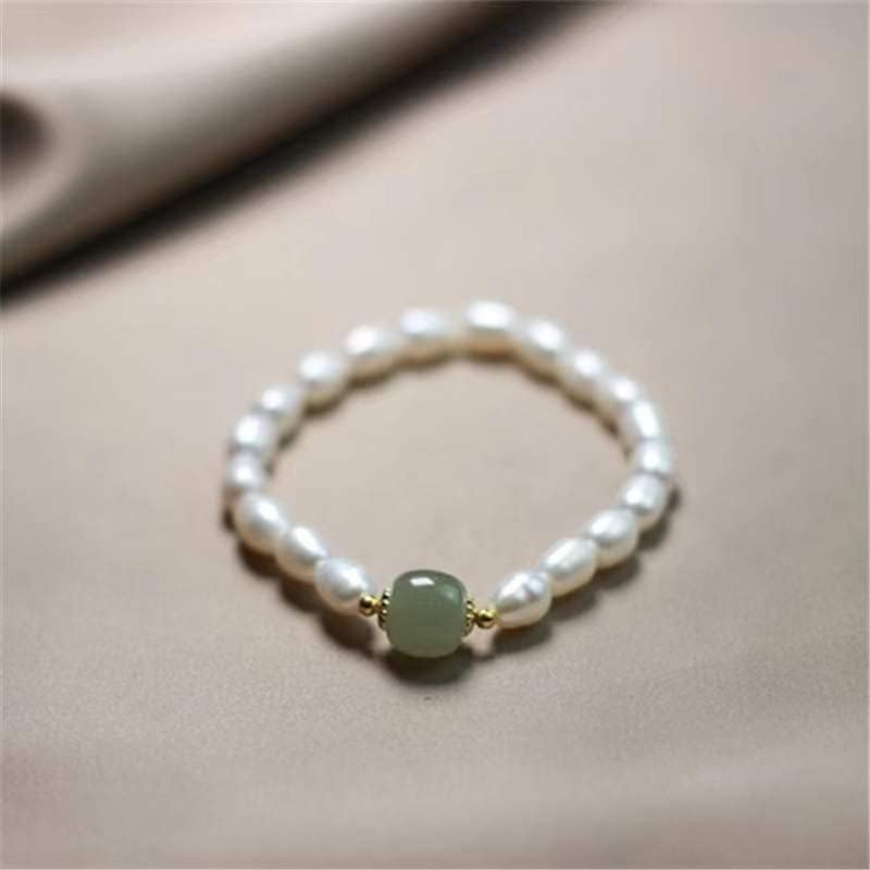 Green Jade Pearl Bracelet for Women, Natural Baroque Freshwater Pearls, 14K Gold Plated Beaded Stretch Bracelet, Lucky Jewelry Gift for Her (Pearl with Green Jade) - Image 6