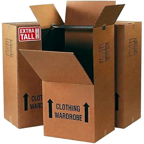 BOX USA Heavy-Duty Tall Wardrobe Moving Boxes with Hanger Bars (3-Pack) – 20″L × 20″W × 45"H – Extra-Tall 275#/ECT-48 Double-Wall Corrugated Boxes for Clothes, Coats & Dresses