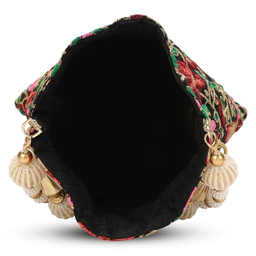 Image of LONGING TO BUY Indian Embroidered Pearl Potli Bag For Women, Sequence Design with Tassel, Wedding Potli Bags