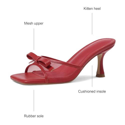 Image of Womens Heeled Sandals Open Square Toe Kitten Heels Sandals Slip On Bow Mesh Mules Heels Comfortable Dress Shoes for Party Wedding
