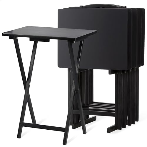 Image of PJ Wood Multifunctional Rectangular Folding and Collapsible Solid Wood TV Tray Snack Tables with Compact Storage Rack, Set of 5, Black