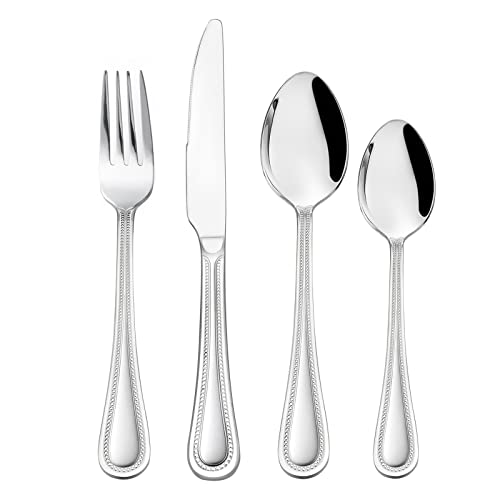 24 Piece Cutlery Set, Homikit Stainless Steel Flatware Silverware Sets Service for 6 People, Pearled Edge Knife Fork Spoon Set for Home/Kitchen/Party, Mirror Finished & Dishwasher Safe