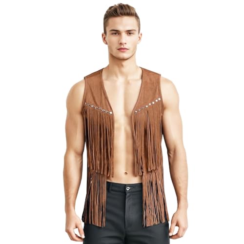 Image of ZUYPSK Men's Open Front Tassels Vest Sleeveless Western Cowboy Waistcoat Halloween Club Party Jacket Outerwear