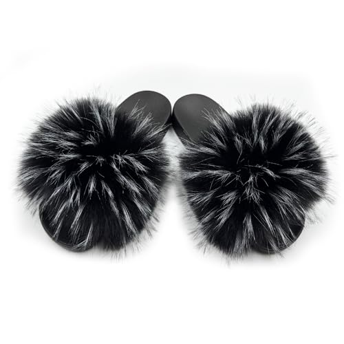 Image of Women's Faux Fur Slides Slippers Fluffy Fuzzy Sandals Open Toe Furry Slide Flip Flop Indoor Outdoor