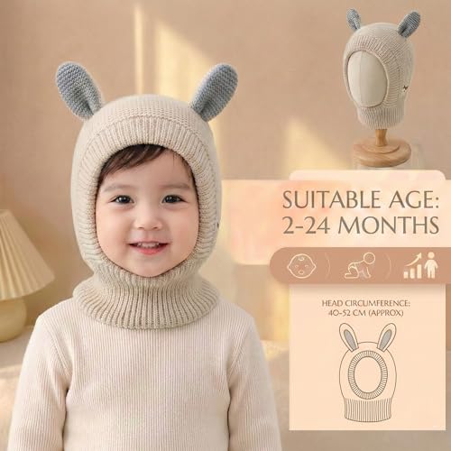 Image of Kraptick Winter Warm Ear Protection Knitted Woolen Unisex Baby Cap with Cute Animal Ears, Soft Fleece Lined Knit Hat with Ear Flaps, Stretchable Monkey Cap for Cold Weather -1