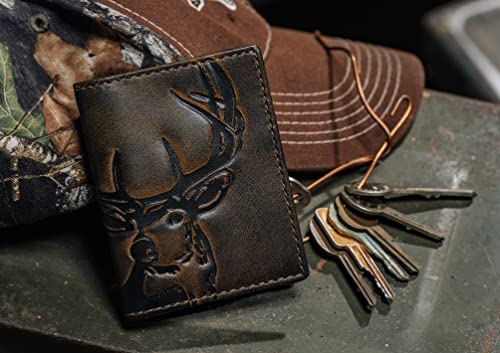 Image of House of Jack Co. Deer Men's Slim Card Wallet, Minimalist Front Pocket Bifold Card Holder, Full Grain Leather, 6 Card Slots with ID Window, Embossed Deer, Hunter Gift for Men, Black