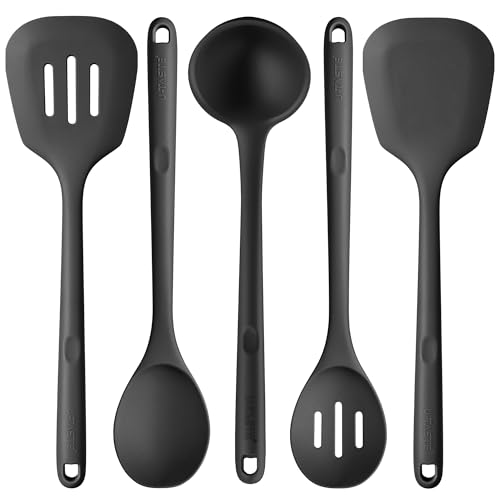 13.6" Silicone Kitchen Utensil Set: U-Taste 600℉ Heat Resistant Cooking Gadgets, BPA Free Dishwasher Safe Solid & Slotted Turner and Spoon, Soup Ladle for Non-Stick Cookware(Set of 5, Black)