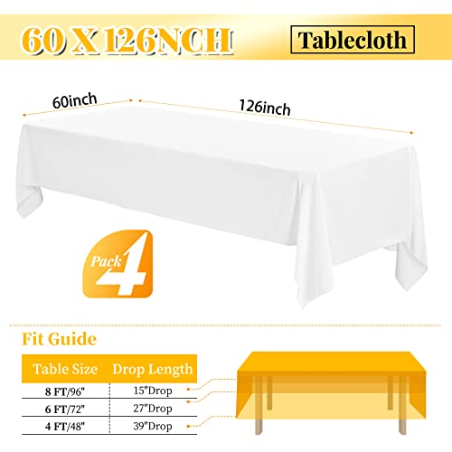4 Pack 60 X 126 Inch Tablecloth, White Polyester Tablecloth For 8 Ft Rectangle Tables, Stain And Wrinkle Resistant Washable Fabric Table Cover For Wedding Party Dining Buffet Parties Or Camping #TOP1