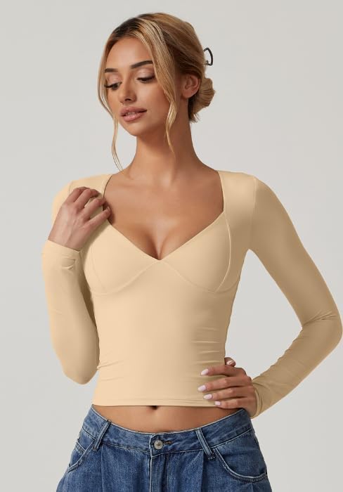 QINSEN Women's Long Sleeve V Neck T Shirts Double Lined Crop Top Seamed Cup Going Out Tops - Image 3