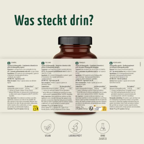 Foto von Ashwagandha Kapseln Bio 150 Stück | hochdosiert 1500mg pro Tagesdosis | fein gemahlenes Ashwagandha Pulver in Bio-Qualität | bedeutende Rolle im indischen Ayurveda | vom Achterhof