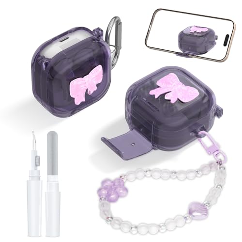 [���S�ȃ��b�N] 3D�{�E�t��TPU�P�[�X Samsung Galaxy Buds 4 Pro�����Buds 4 (2026)�Ή� �ϏՌ��N���A�P�[�X�J�o�[ �g�ѓd�b�X�^���h�A�J���r�i�A�L�[�`�F�[���A�N���[�j���O�L�b�g�t�� (�N���A�p�[�v��)
