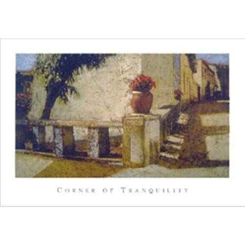 Streets of Tranquility 32x24 Art Print Poster Street Corner Tree Flower Pot Buildings Painting