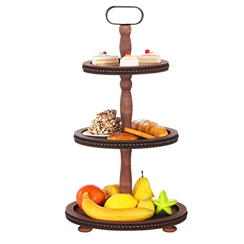 Urban Deco Wooden Tiered Tray 3-Tier Decorative Tray Stand Farmhouse Serving Tray, Round Wooden Cupcake Display Stand with Metal Handle, Brown Tiered Fruits Tray for Home Party Decorations