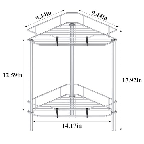 Image of HuggieGems 2 Tier Floor Standing Corner Shower Caddy Organizer Shelf with Hooks, Bathroom Shelves Stand Rack, Silver