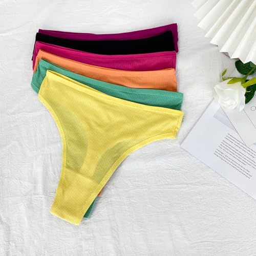 Image of 6 Pack Women's Ribbed Cotton Thongs High Waist Panties Underwear | GAREDOB 6 Pack Women's Ribbed Cotton Thongs High Waist Seamless Panties Plus Size High Rise No Show Underwear