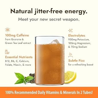 Zipfizz Energy Drink Powder, 20 Pack B12 Electrolyte Drink- Lemon Iced Tea | Hydration tubes with vitamin drink benefits, 100mg caffeine, B12, electrolytes, no artificial sugar for active lifestyle