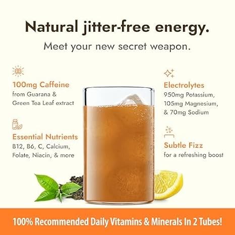 Zipfizz Energy Drink Powder, 20 Pack B12 Electrolyte Drink- Lemon Iced Tea | Hydration tubes with vitamin drink benefits, 100mg caffeine, B12, electrolytes, no artificial sugar for active lifestyle