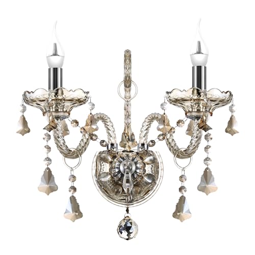 Ridgeyard 2 Braccio pplico a Parete Portacandele K9 Applique Cristallo Barocco Pampille Cognac Colore E14 per Soggiorno Camera Ingresso Corridoio