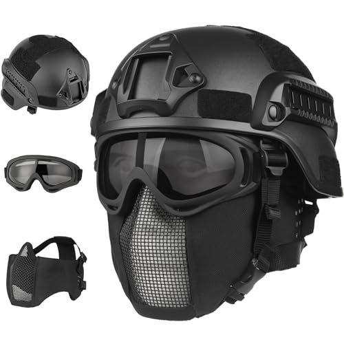 VPZenar Airsoft Helmet,Tactical Face Mask with Ear Protetion and Anti Fog Googles,Black MICH Helmets for Adults Military Gear