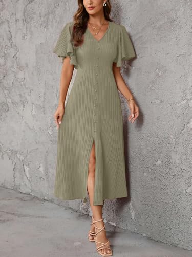 Image of Shasmi Girl's & Women's Pleated Midi Dress with Flutter Sleeves | V-Neck Western Dress for Women | Elegant A-Line Summer Outfit | Office & Casual Wear (Dress 244)