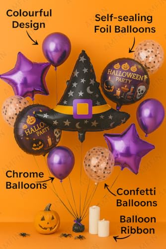 Image of AMFIN (Pack of 11) Halloween Balloon Decoration Set - Hat Foil Balloon, 2 inchHalloween Party inch Round Balloons, 2 Purple Star Balloons - Spooky Party Supplies for Kids & Adults