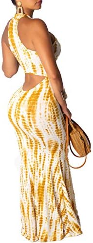 IyMoo Women's Bohemian Floral Printed Sleeveless Hollow Out Bodycon Beach Party Maxi Dress Yellow+White 2XL
