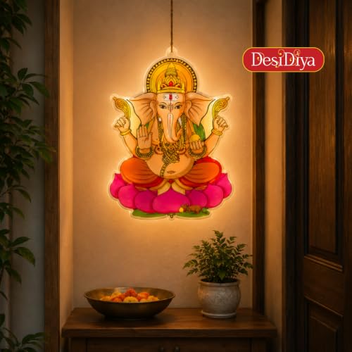Image of Desidiya Lord Ganesha LED Hanging Light | Warm White Double-Sided Decor | Perfect for Diwali, Ganesh Chaturthi, temples, pooja rooms, entrances and gifting.