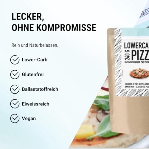 Lower-Carb Pizza Backmischung für 2 Pizzaböden oder 1 Pizzablech | 90% weniger Kohlenhydrate | Glutenfrei, 29g Vegan Protein, mit Mandelmehl Flohsamenschalen & Leinsamen, keto, Organic Workout