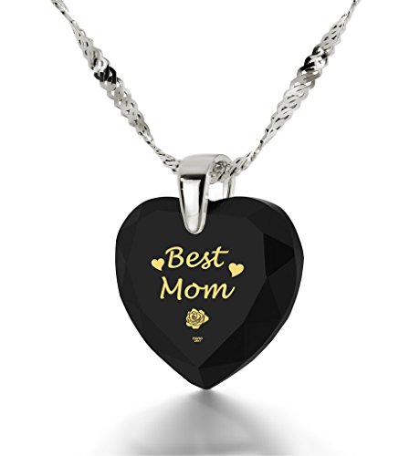 925 Silver Best Mom Necklace - Heart Pendant Inscribed In 24K Gold On Black Cubic Zirconia #TOP10
