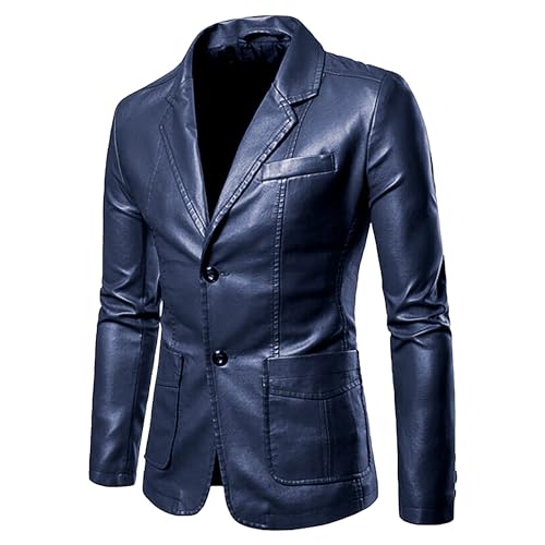 Mens 2 Button Leather Blazer Jacket Faux Leather Sport Suit Coat Regular Fit Lined Business PU Jackets