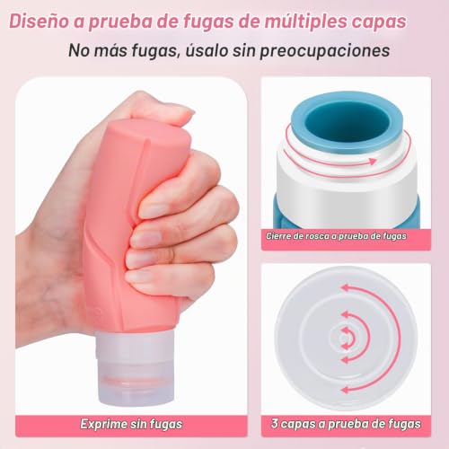 Miniatura 3 de Alyvisun 4 Piezas Botes Viaje Rellenables, 100ml Botellas De Viaje Silicona A Prueba De Fugas, Envases Viaje Para Champú, Loción, Cosméticos