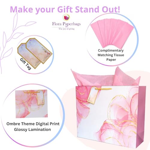 Image of Flora Paperbags - Gift Bags - Paper Bags for Return Gifts - Paper Gift Bag - Paper bags Gifting for Weddings, Birthday Size-30X23X9CM ((pack of 10), Large - Ombre Pink)