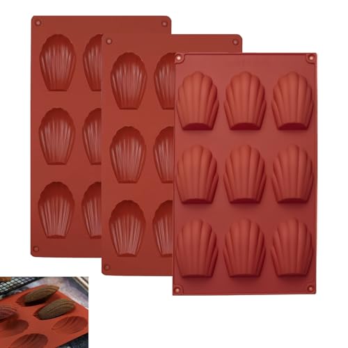 Vulcyxa Lot de 3 Moule Madeleine Silicone, Moules à Madeleine en Silicone, 9 Cavités, Antiadhésif, Moule Coquille pour Biscuits, Chocolat, Bonbons, Pudding, Passe au Four Micro-ondes Lave-vaisselle