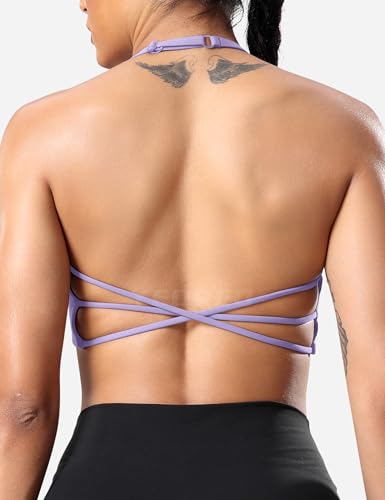 Image of YEOREO Women's Sports Bra Halter Workout Sports Bra Strappy Criss Cross Back Bra Removable Padded Yoga Crop Top