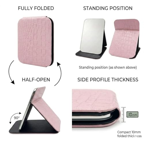 Image of Foldable Makeup Mirror with Adjustable Stand, Portable HD Vanity Mirror for Travel & Dressing Table, PU Leather Crocodile Pattern Compact Cosmetic Mirror for Women & Girls,(16x11cm) Pink