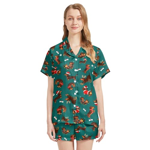 Image of Funny Pajamas for Women Set Print Satin Loungewear Pjs Short Sleeve Button Down Top and Shorts Sets Sleepwear XS-3XL