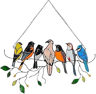 Maotrade Stained Glass Window Hangings 7 Multicolor Birds Stained Glass Suncatcher Zinc Alloy Stained Glass Birds On A Wire for Home Window Decoration